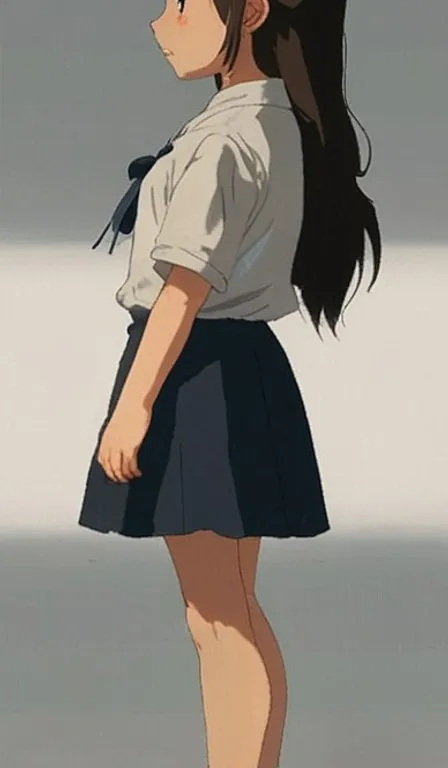 a girl in a school uniform is walking in a small step